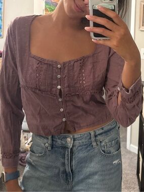 Free People Women's Mauve Button-Front Square Neck Top